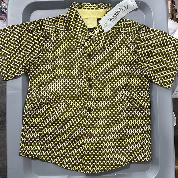WonderBoy Made in USA Boys Short Sleeve Cotton Brown and Yellow Design Shirt - Picture 1 of 7